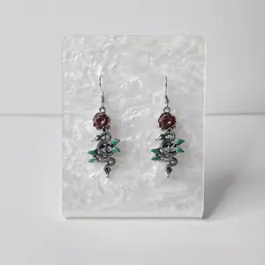 #565 Snake & Red Rose with Green Leaves Earrings- Casual Everyday Animal Reptile Gothic Jewelry
