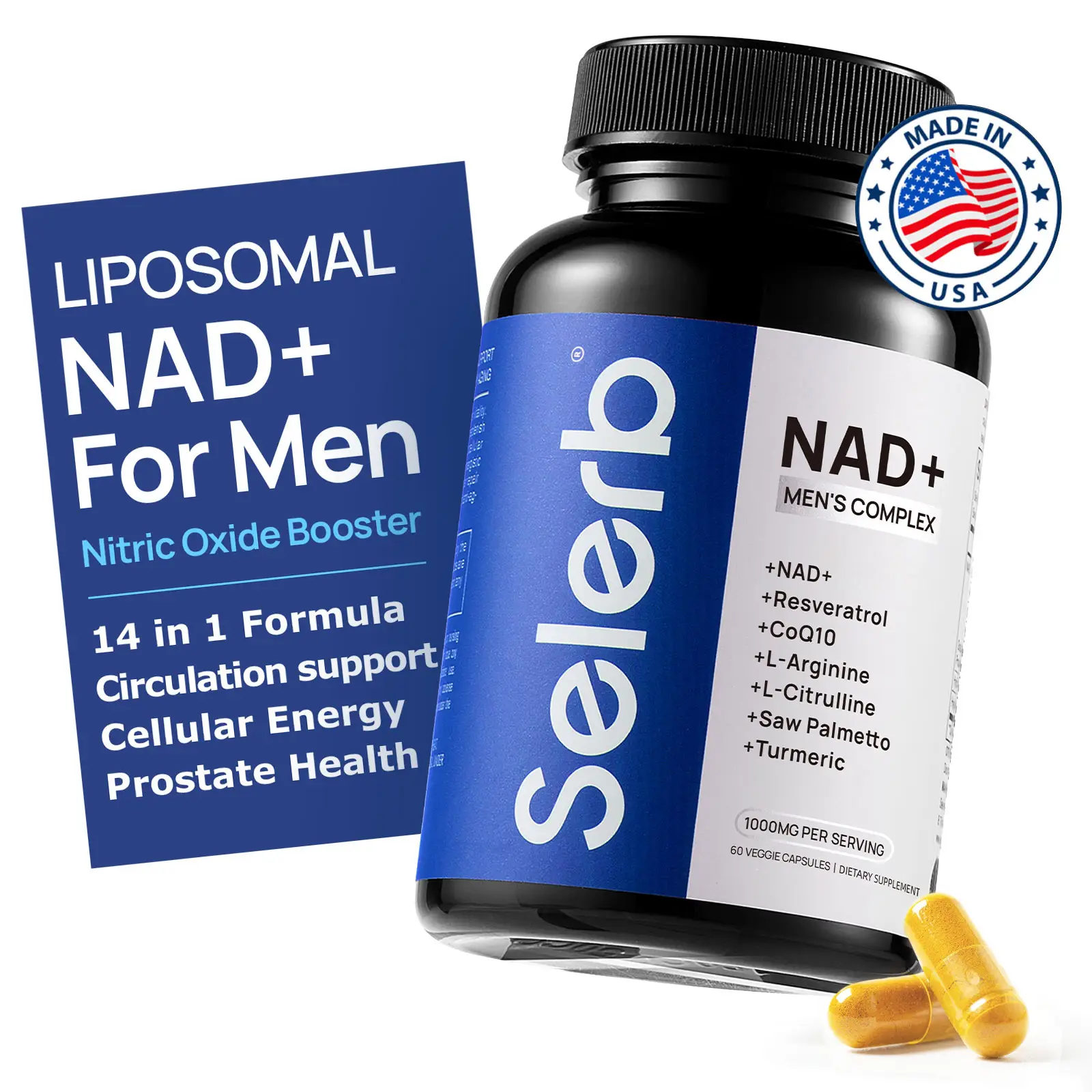Selerb NAD+ Supplement for Men – With Liposomal-NAD+,CoQ10, L-Carnitine, L-Arginine, Maca & Ashwagandha – Energy, Circulation & Prostate Support – 60