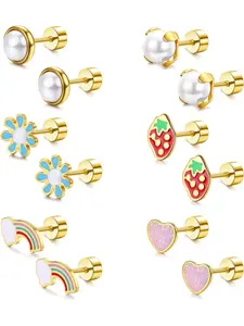 6Pairs Stainless Steel Stud Earrings 18G Flat Back Stud Earrings for Women Tiny Cartilage Earrings Heart Flower Strawberry Rainbow Simulated-Pearls Hypoallergenic Flatback Earrings Piercing Jewelry Trendy Jewelry