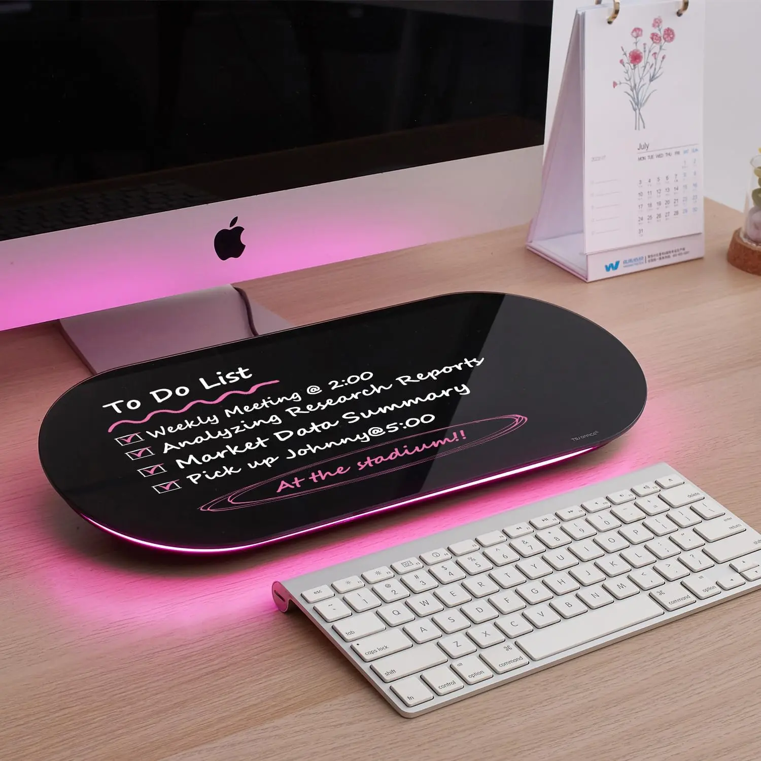 Glass Desktop Whiteboard - 17 X 7 Inches Small Dry Erase Board with Pink Light, Glass White Board Surface Notepad with 1 Drawer, Desk Organizers for , Home, School Supplies (Black)