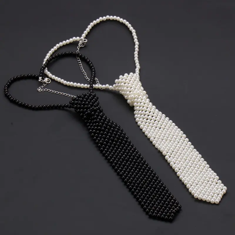 Chic Handcrafted Pearl Bow Tie - Sweet Beaded Necktie for Women - Trendy Y2K Fashion Accessory - Versatile Detachable Collar for School & Daily Wear - Youthful Girlish Style Statement