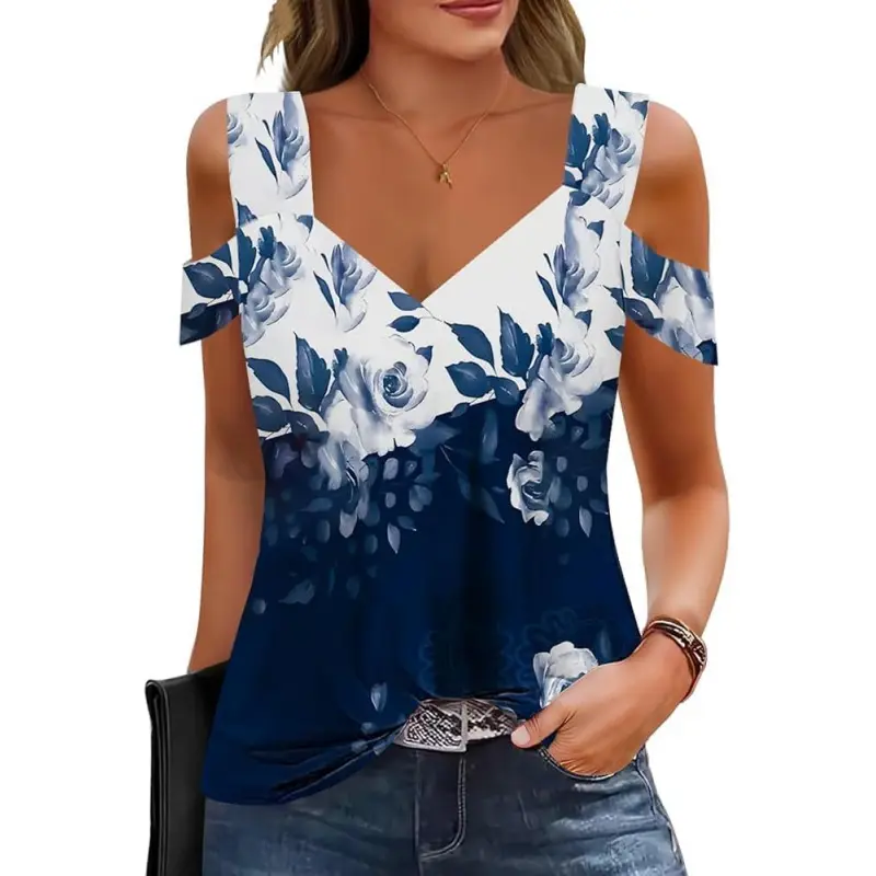Women's Casual V-Neck Cold Shoulder Short-Sleeve Blouse - Elastic, Skinny-Skirt-Friendly, Comfortable Basic Tunic Tank Top, Skirts, Lady, Essential, T-Shirt, Shoulder Tops, Denim