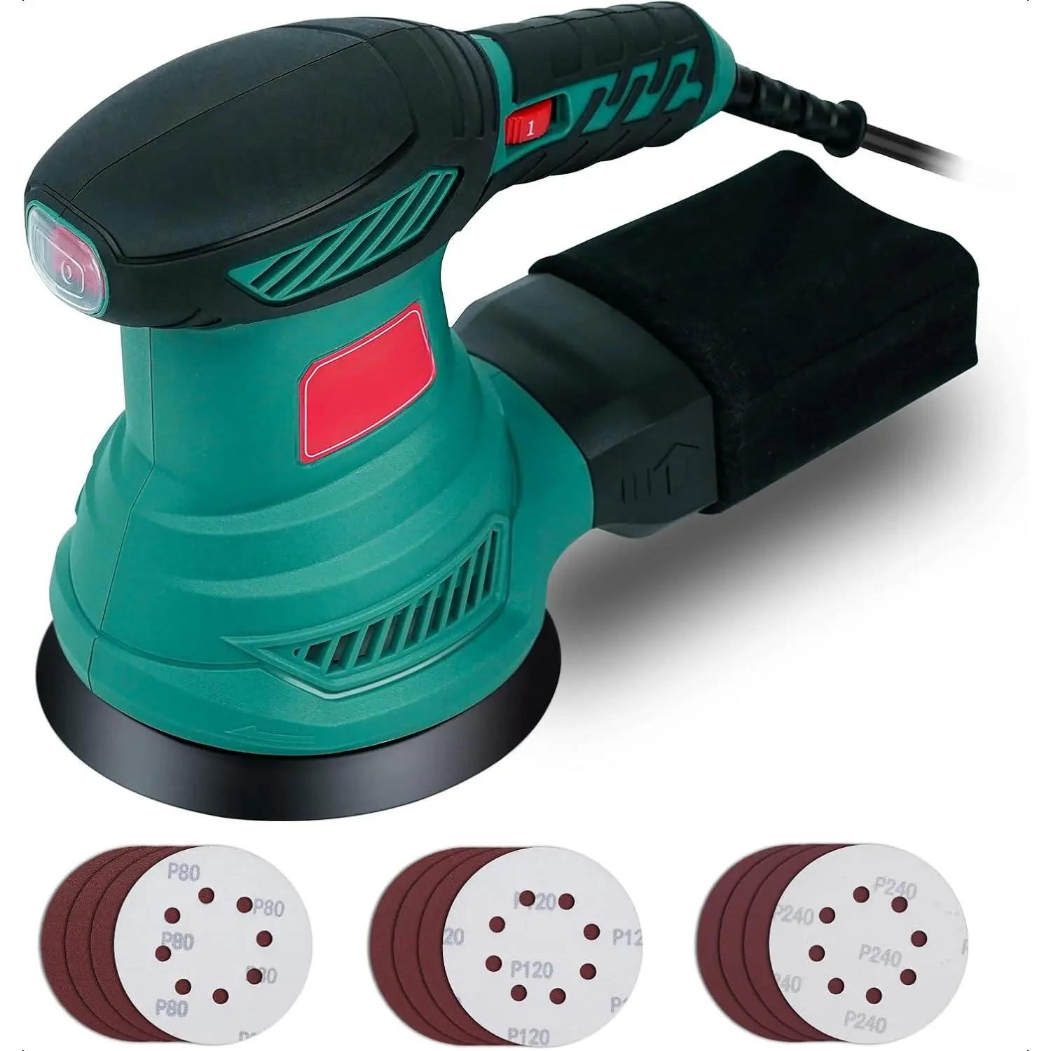 5-Inch Random Orbital Palm Sander with 2.5A Powerful Motor, 6 Variable Speeds (13000RPM Max), 12 Premium Sandpapers, Tool-Free Sandpaper Changes, High Efficiency Dust Collection Bag for Woodworking Finishing