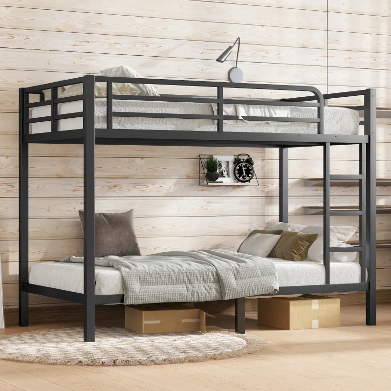 Metal Full Over Full Bunk Bed with Guardrails (77.56"l x 56.7"w x 65.57"h) for Teens, Heavy-Duty Steel Frame, Noise-Reduced Design, No Box Spring Needed, 800 lbs Capacity, 83.78 lbs, Easy Assembly Required (Black), Stable
