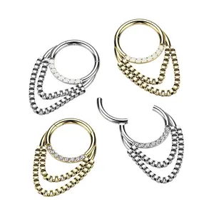 16G Double Chain Dangle Hoop • Clicker Ring • Septum Ring • Nose Ring • Seamless • Hinged • Helix • Cartilage Piercing • Daith • Earring • Opal • Clear CZ