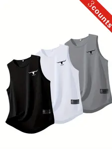 Men's Quick-Dry Sleeveless Sports Tank Top 3-Pack, fitness workout vest, Breathable Comfort Stretch Casual Shirt, Geometric Pattern Round Neck Training Wear, Sleeveless Gym Tops
