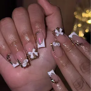 10-Piece Short Square Shaped Handmade Press On Nails, Sweet Nude Pink French Style With 3D Bow And Rhinestone Decor, Nude Pink Full Cover False Nails For Daily Wear, Party, Dating, Women And Girls Manicure