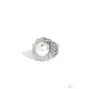 Storybook Ending - White Pearl Rhinestone Silver Ring - Paparazzi
