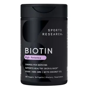 Sports Research® Biotin 2,500mcg with Organic Coconut Oil - Biotin (Vitamin B7) for Healthy Skin and Hair Support* - for Women and Men - Vegan, Non-GMO, Gluten & Soy-Free - 120 Veggie Softgels