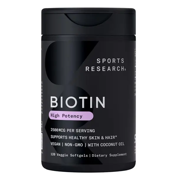 Sports Research® Biotin 2,500mcg with Organic Coconut Oil - Biotin (Vitamin B7) for Healthy Skin and Hair Support* - for Women and Men - Vegan, Non-GMO, Gluten & Soy-Free - 120 Veggie Softgels