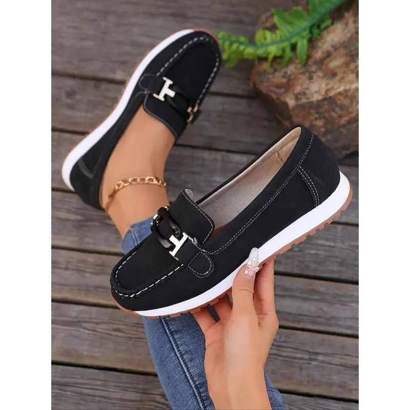 Women's Plain Leather Slip-On Loafers - Breathable Slip-Ons, Dustproof, Lightweight Rubber Shoes, All-Seasons Casual Comfort Footwear for Daily Wear