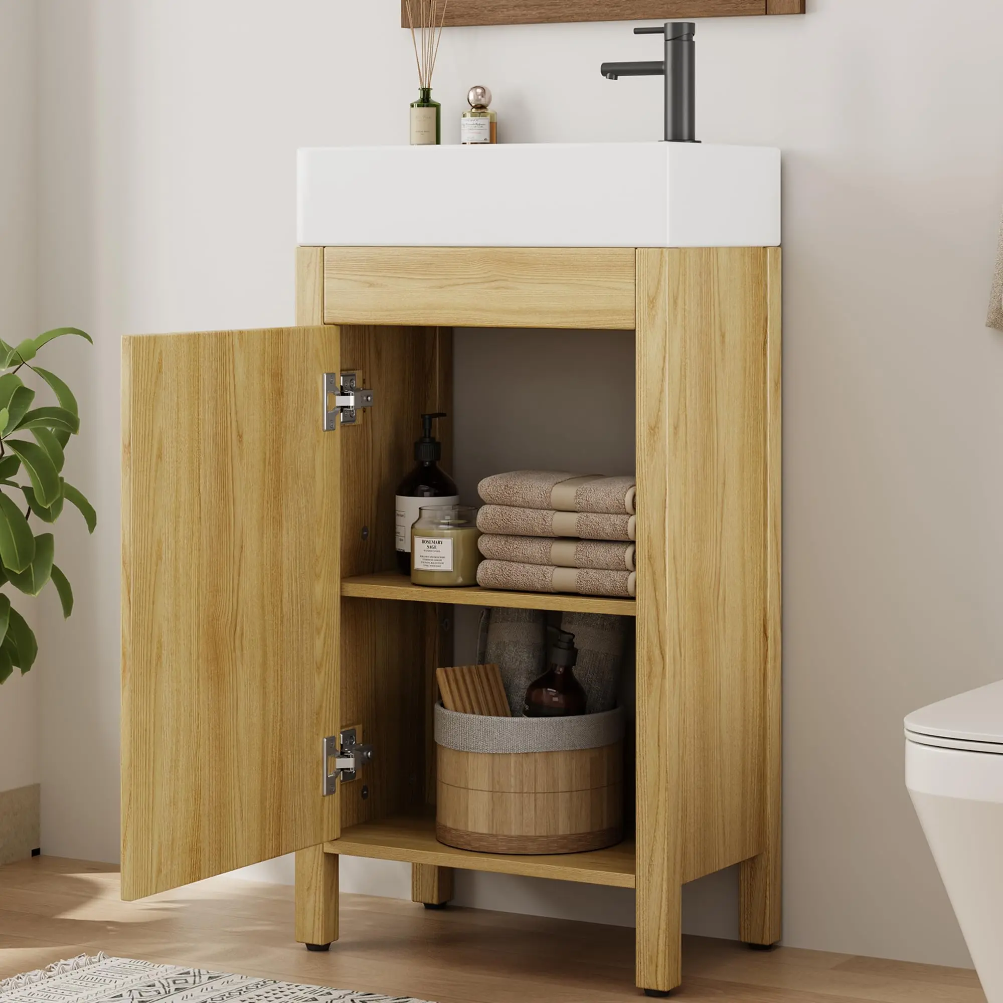 Garvee 16" Indoor Rectangular Bathroom Vanity with Sink, Small Space Waterproof Foot Design, Freestanding Wooden Cabinet with Soft-Closing Door & Metal Handle, Modern Floor-Standing Storage Organization Vanity in Walnut Finish