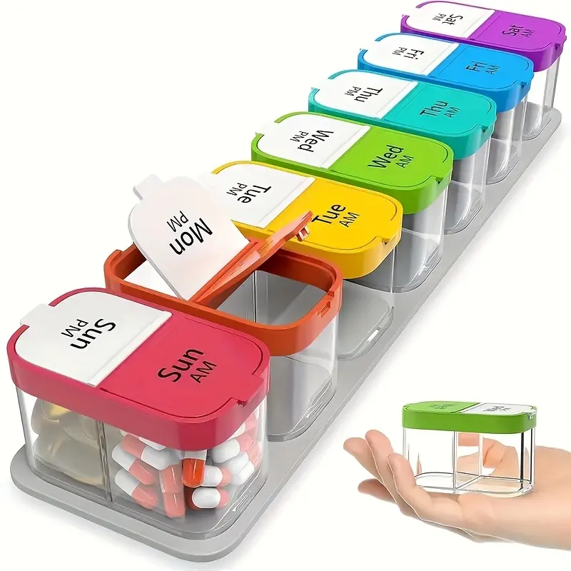 14-Compartment Food-Grade PP Plastic Pill Organizer with Dual Openings, Removable Compartments, Sturdy Safe Build, Monday-Sunday Labels for Daily Use & Days Off (Home Organizer Storage Bin)