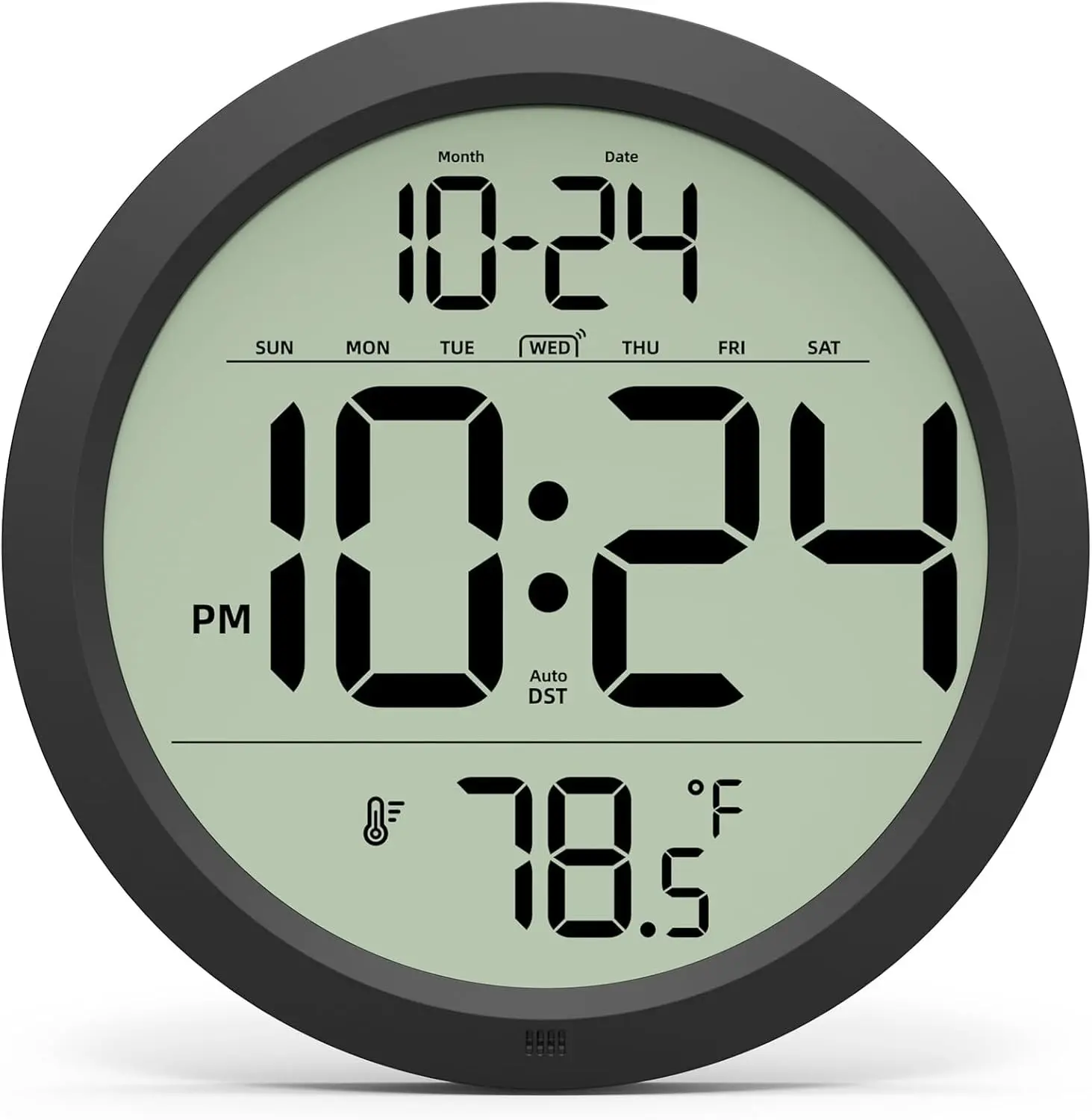 Digital Wall Clock Battery-Operated, 8 Inch Small Decorative Modern Wall Clock with Date, Temperature, Auto-DST, Silent Electric Wall Clock for Bedroom, Living Room, Kitchen, Office, Farmhouse -Black