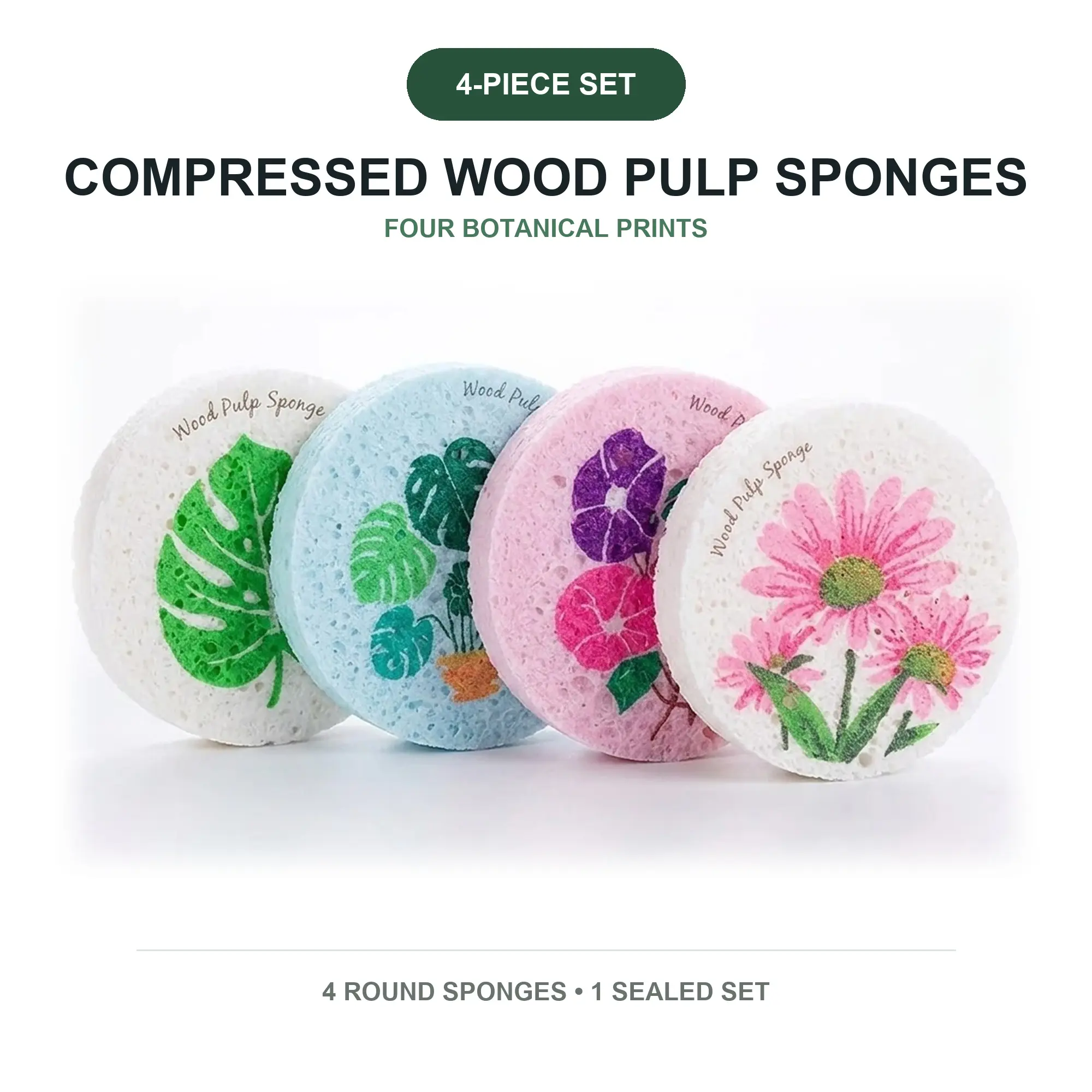 4-Pack Compressed Wood Pulp Dish Sponges, Expandable Pop-Up Kitchen Scrubbers with Botanical Prints, Soft Cleaning Pads for Dishes, Pots, Pans & Sink