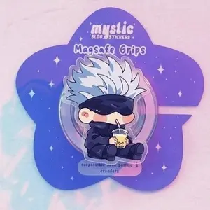 Magnetic Phone Grip Chibi Gojo Satoru Boba Tea, Kindle Holder Magsafe Compatible, Cute Anime Aesthetic High-quality Print, Removable Gift for Readers & Otaku.