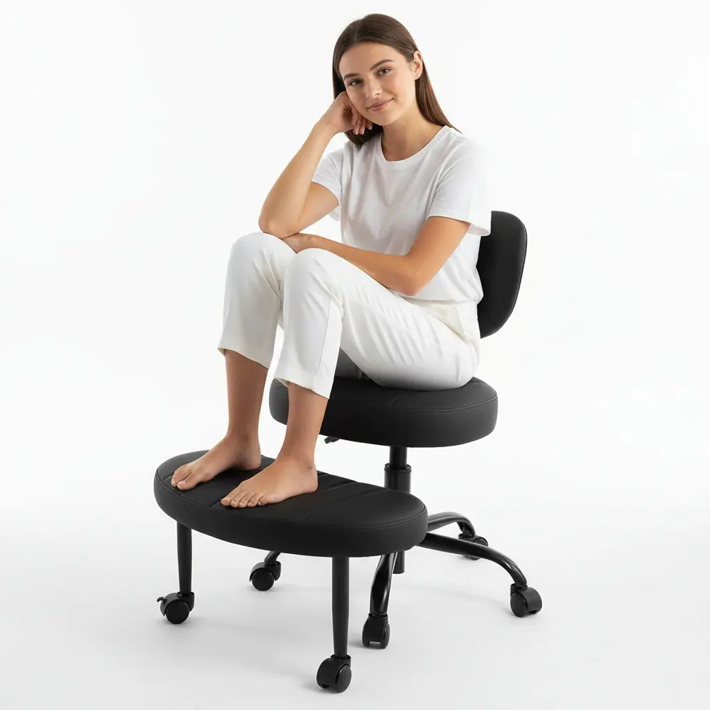 JOYFINITY Ergonomic Cross Legged Swivel Kneeling Chair with 360° Rotating Footrest Adjustable Height Back and Lumbar Support Teddy Velvet for Meditation Home and Office Use