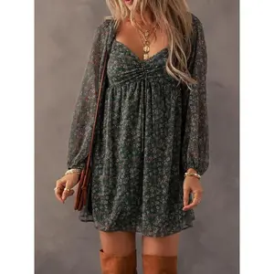 Women’s printed sweetheart-collar shirt dress, fashionable casual bubble-sleeve dress, suitable for daily vacation wear, all-season women’s dress GARMENTARY