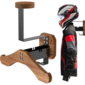 Motorcycle Helmet Holder Wall Mount Rack, Solid Wood & Heavy Duty Steel, for Motorcycle/Football/Cycling/Skiing/Tactical Gear