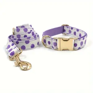 [Personalized] 3pcs/set Light Purple Polka Dot Adjustable Pet Dog Collar, Leash Bow Tie Set, Free Laser Engraved Dog's Name, And Owner's Phone Number, Wedding Gift For Dogs Customized