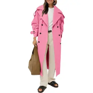 Imily Bela Essentials Womens Oversized Long Trench Coat Double Breasted Lapel Windproof Overcoat with Belt