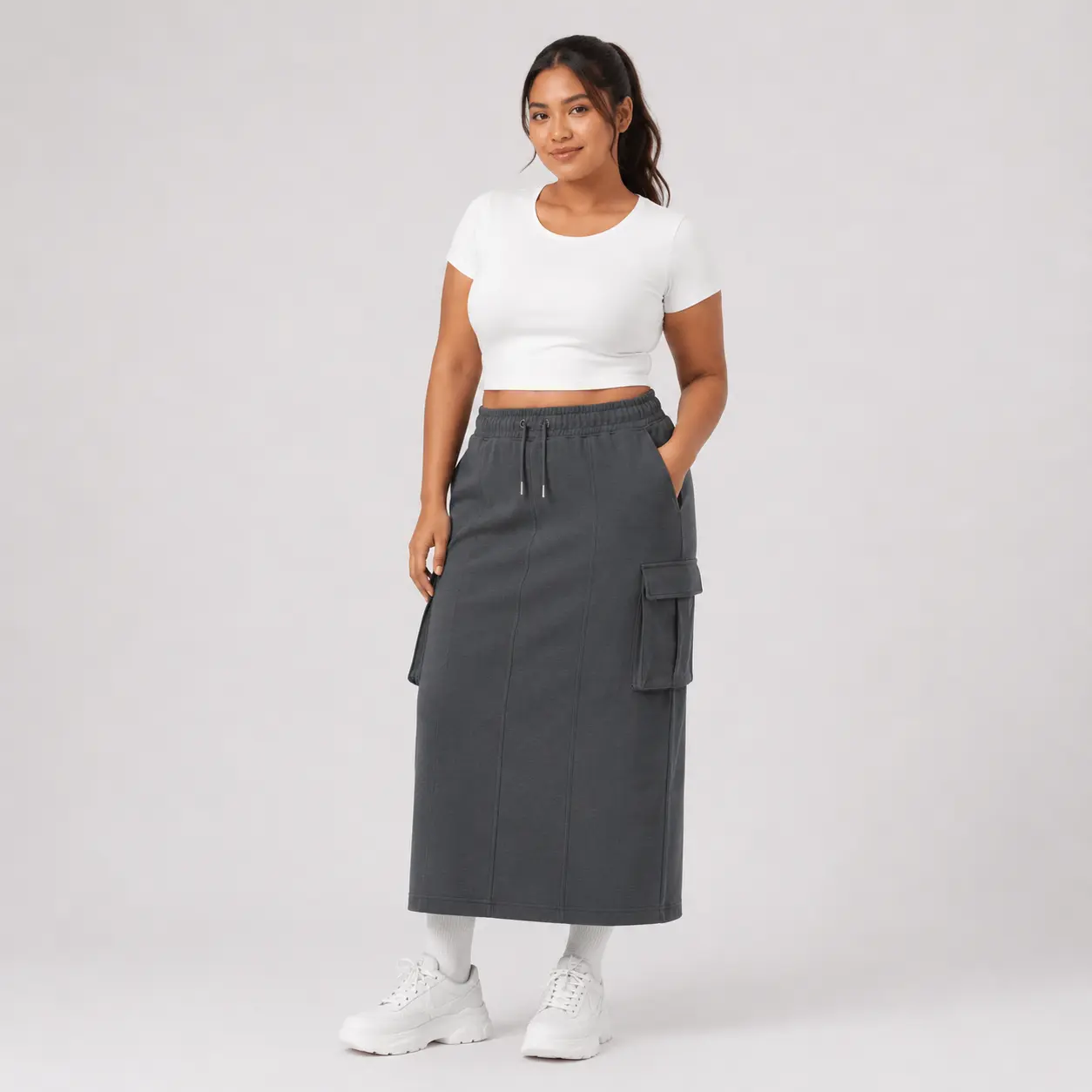 CATHERINE Women’s Stretchy Cargo Maxi Skirt with Side Pockets – High Waist Casual Long Skirt