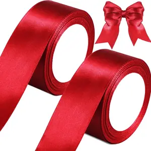 2 Rolls Bright Red Ribbon 50 Yards 1.5 Inches Wide Faced Ribbon for Wedding Present Wrapping Crafts Bright Red Decoration