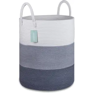Large Laundry Hamper Basket for Girls Boys Kids 65L, Tall Nursery Hamper with Handles, Woven Blanket Basket for Toys Clothes Towels, 16"x 20", White & Gray