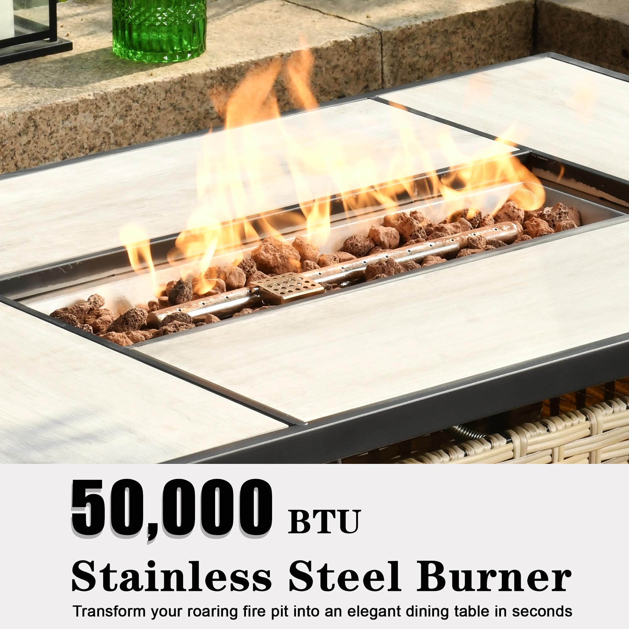 【Summer Clearance】OVIOS 42" Patio Fire Pit Table, 50,000 BTU Outdoor Wicker Rattan Fire Table, Propane Fire pits with Ceramic Tabletop, Waterproof Cover, Lid and Lava Rock, 2 in 1 Rectangular/Square Fire pit