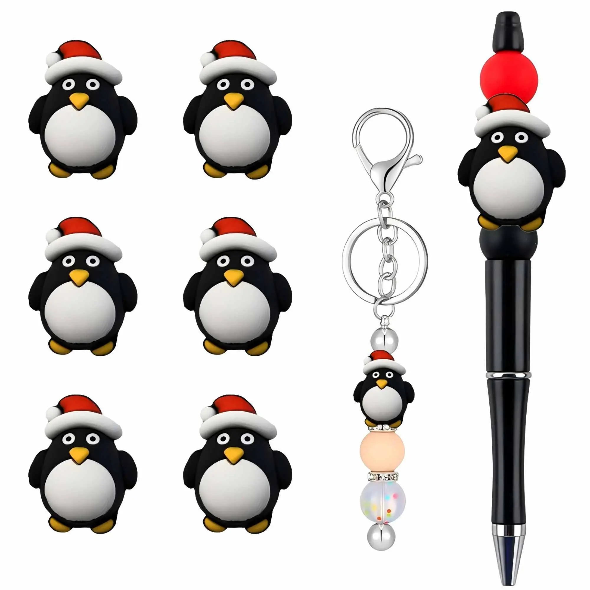 6pcs 3D Christmas Santa Hat Penguin Silicone Beads, Festive Penguin Focal Charms, Loose Spacer Rubber Beads for DIY Crafts & Holiday Gifts, Decorative Beads