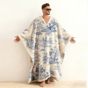 Toile de Jouy Pattern Flannel Men's V-Neck Long Robe Kaftan, Classic French Scenic Print Brushed Cotton Loungewear, Soft Warm Long Sleeve Hoodless Bathrobe for Elegant Home Lounge & Artistic Living, Unique Gift for Men
