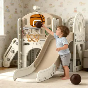 【DFFICIAL Best Choice Products】Aobtkel，9 in 1 Large Toddler Slide, Kid Playset w/Long Slope, Baby Climber Set w/Basketball Hoop, Telescope, Tunnel, Storage Space, Enclosed Steps, Indoor Outdoor Playground，Multifunctional Play Center for Active Fun Age 1+