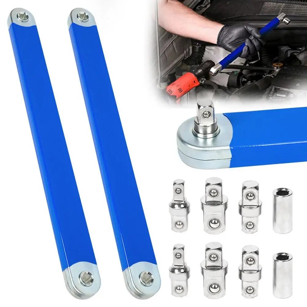 2 Pack Offset Extension Wrench Set Ratchet Spanner Wrench with Extender Adapter Tite Reach Wrench Extender with 1/4", 3/8", 1/2" Square Drive Adapters, for Car Engine Compartment, Generators, Chassis & Tight Spaces Repair