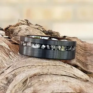 Men's Black Brushed Tungsten Ring, 6mm or 8mm Male Wedding Band with Offset Gibeon Meteorite Inlay - Hypoallergenic with Free Personalized Engraving