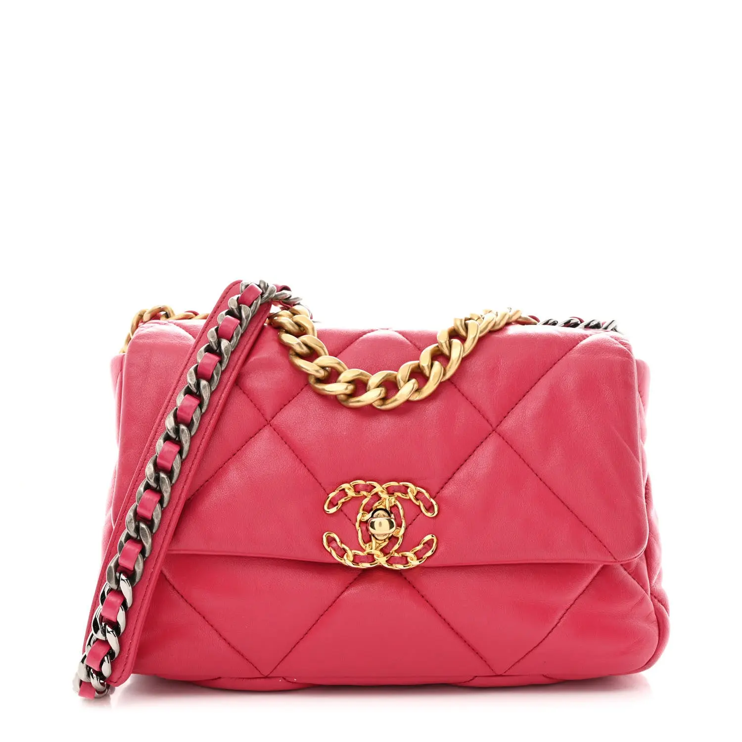 Pre-owned CHANEL Lambskin Leather Shoulder Bags Lambskin Quilted Medium 19 Flap Dark Pink