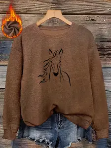 Women's Fall Winter Round Neck Faux Fur Sweater, Horse Line Pattern, Casual Style, Unique Tone, Cool and Elegant Fashion