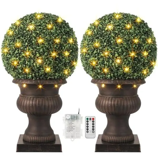 GARVEE 20'' Pre-Lit Topiary Balls with Durable Pot Base (2-Pack), Boxwood Balls with 50 LED, 8 Lighting Modes, Battery Operated for Backyard Wedding Holiday Decor, Light Red Copper