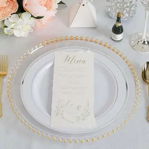 Set 21,European-style Party Platter,13" Clear/Golden Rim Plastic Wedding Charger Plates, Round Disposable Serving Plates with Elegant Ringed Rim, Dinner Plates