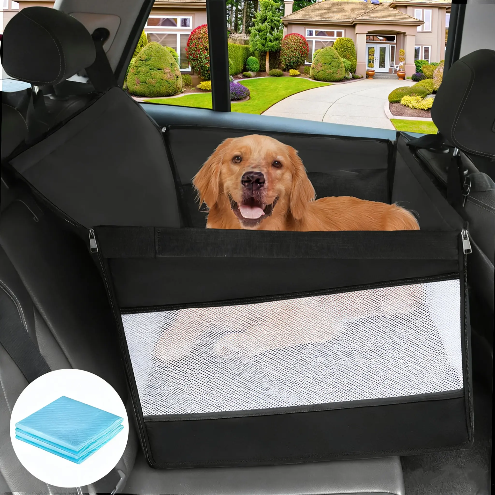 GOYJOY 29.5in Extra Large Dog Car Seat for Back Seat, Dog Booster Seat & Seat Extender for Large Dogs up to 65 lbs or 2 Small Dogs, Breathable Pet Travel Bed with Safety Straps & Storage Pockets