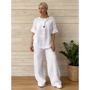 2026 New Women's Casual Linen Cotton Set Loose Top Wide Leg Pants 2 Piece Outfits