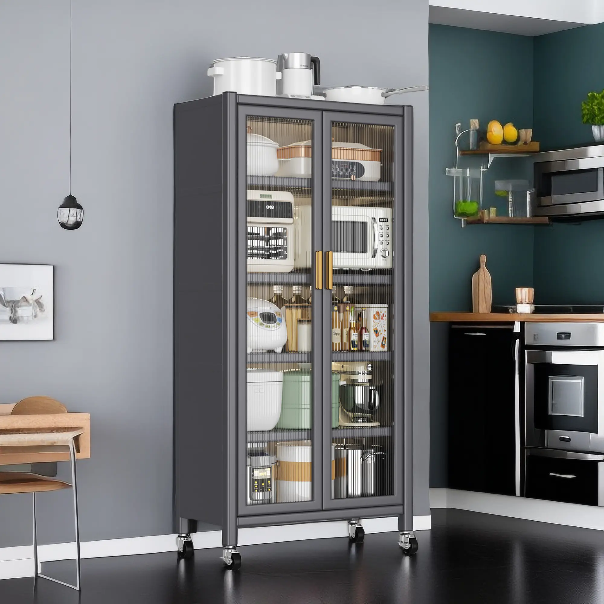 Freestanding Metal Storage Cabinet, Floor-to-Ceiling Kitchen Cupboard with Lockable Doors, 67.3H, Grey, 250KG Capacity, Smooth-Rolling Wheels with Brakes
