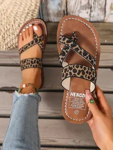 Summer New Trendy Fashion Women's Leopard Print Toe-Open Sandals, Outdoor Casual Beach Vacation Slippers, Stylish Flat Straw Braid Shoes