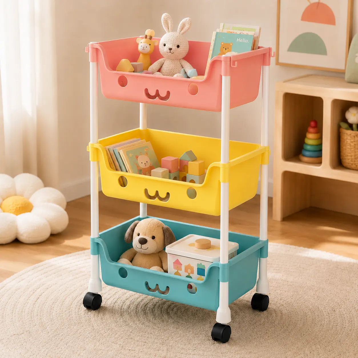 3 Tier Kids Rolling Toy Storage Cart, Cute Cartoon Mobile Organizer Shelf With Wheels, Multifunctional Children Book Sundries Storage Trolley For Playroom Bedroom