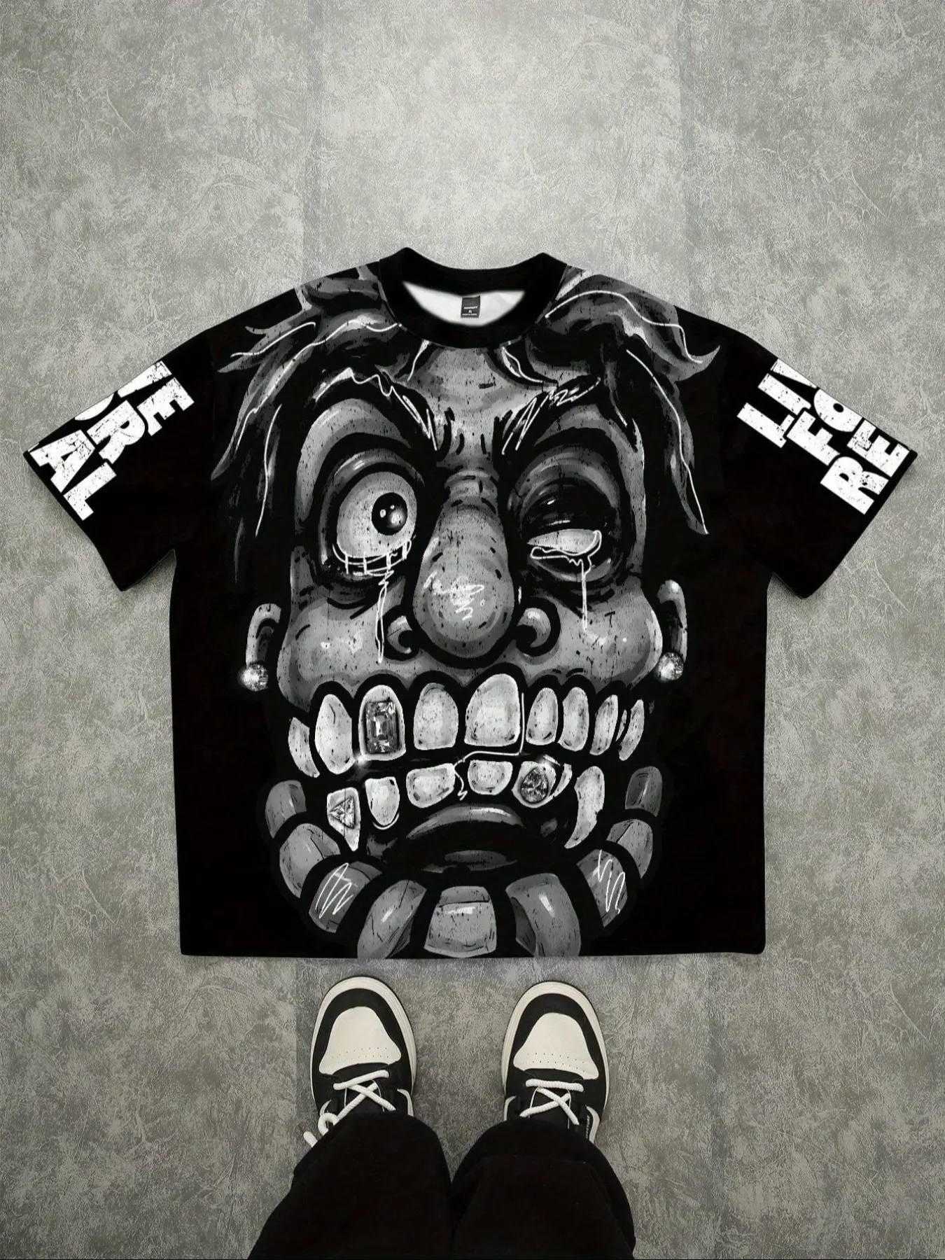 Live for Free Men's Loose Casual Streetwear Street Fashion Humorous Graphic Face Print T-Shirt, Casual Streetwear Top, Breathable Stretchy Elastic Knit Fabric, Round Neck