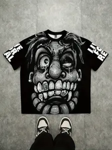 Live for Free Men's Loose Casual Streetwear Street Fashion Humorous Graphic Face Print T-Shirt, Breathable Stretchy Elastic Knit Fabric, Round Neck