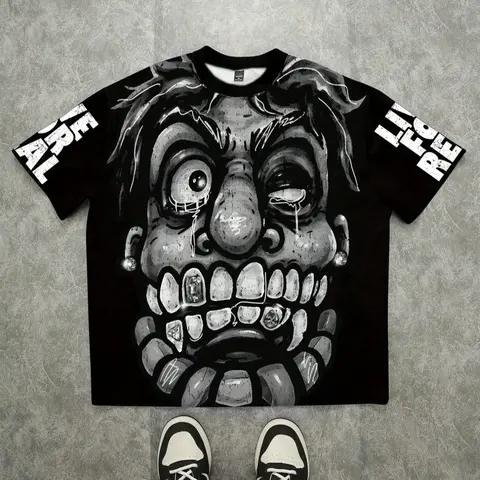 Live for Free Men's Loose Casual Streetwear Street Fashion Humorous Graphic Face Print T-Shirt, Casual Streetwear Top, Breathable Stretchy Elastic Knit Fabric, Round Neck