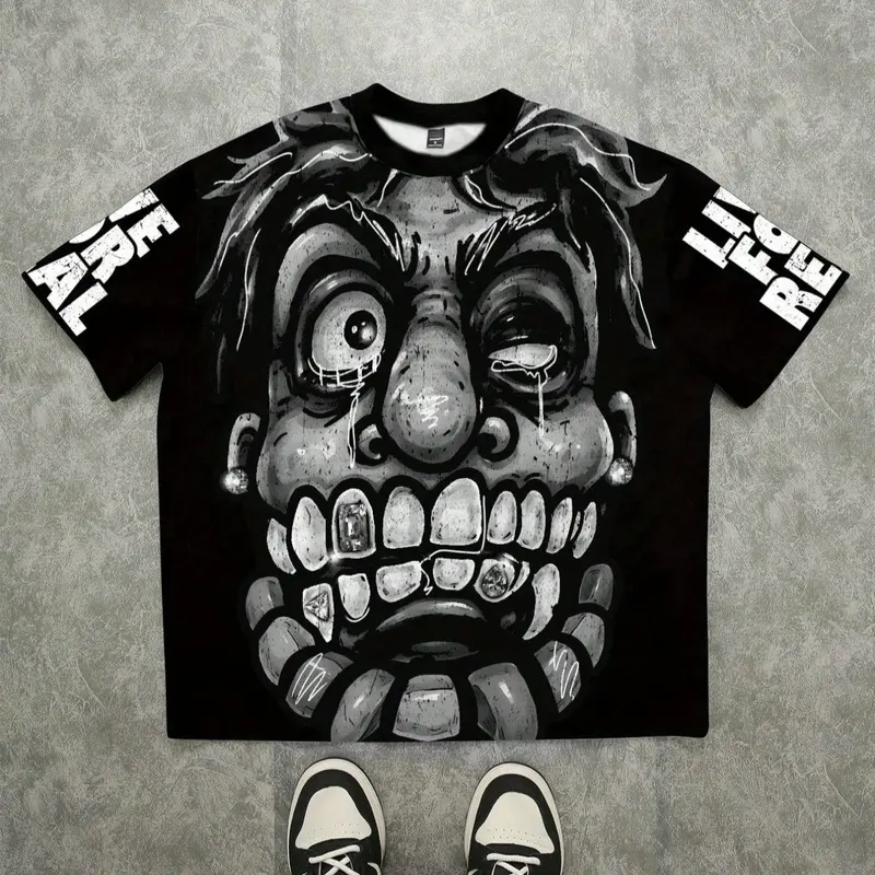 Live for Free Men's Loose Casual Streetwear Street Fashion Humorous Graphic Face Print T-Shirt, Casual Streetwear Top, Breathable Stretchy Elastic Knit Fabric, Round Neck