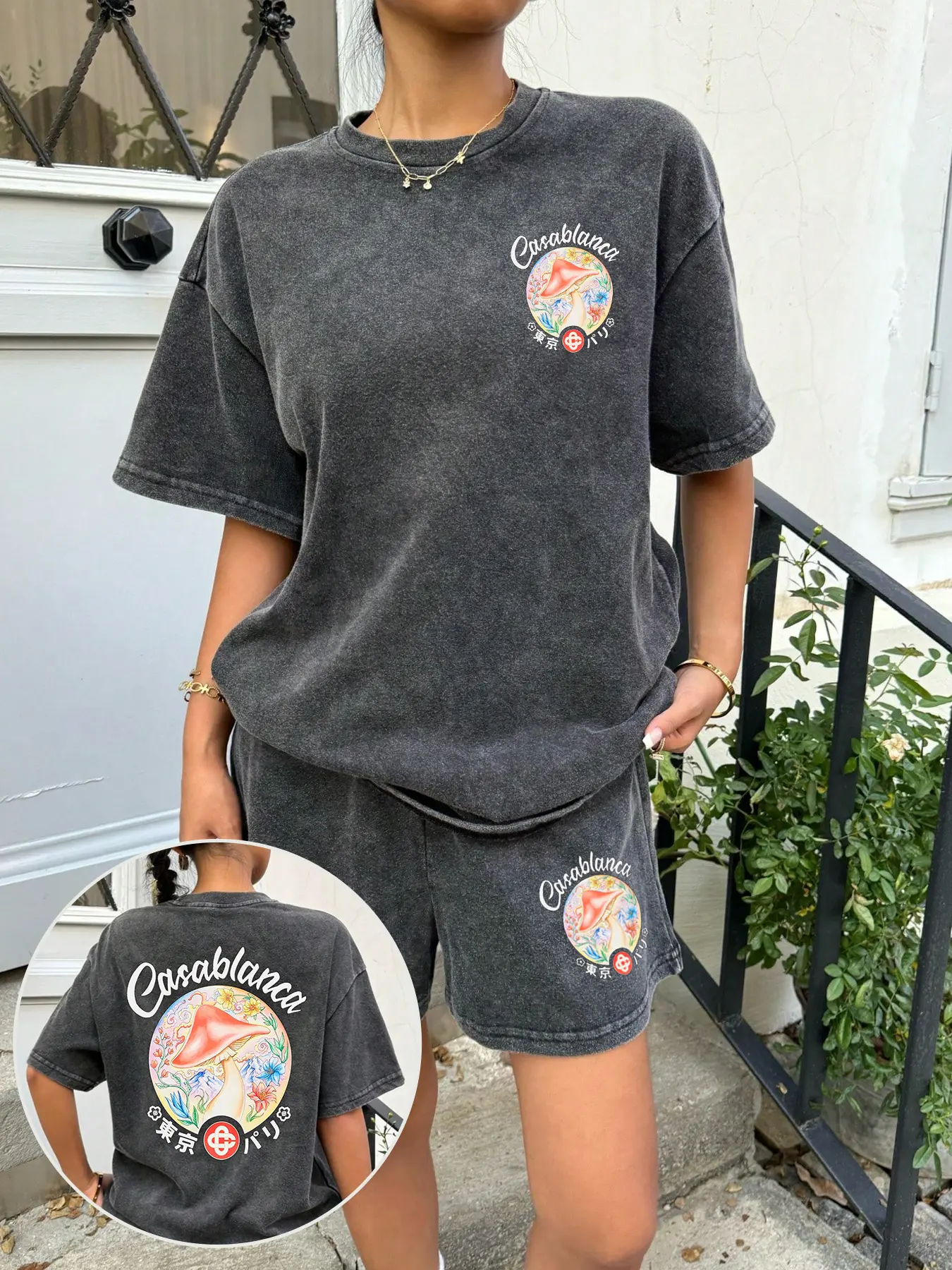 Women's Casual Loose Drawstring Pocket Shorts and T-Shirt Set, Mushroom Print, Soft Breathable Cotton Blend for Summer, Comfortable Daily Wear，Cute Summer Outfits