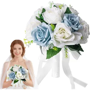Wedding Bouquets for Bride - Realistic Silk Flowers Artificial Roses, 8 Inch Bridesmaid Bouquet for Ceremony, Church, Anniversary, and Home Decoration (White & Blue)