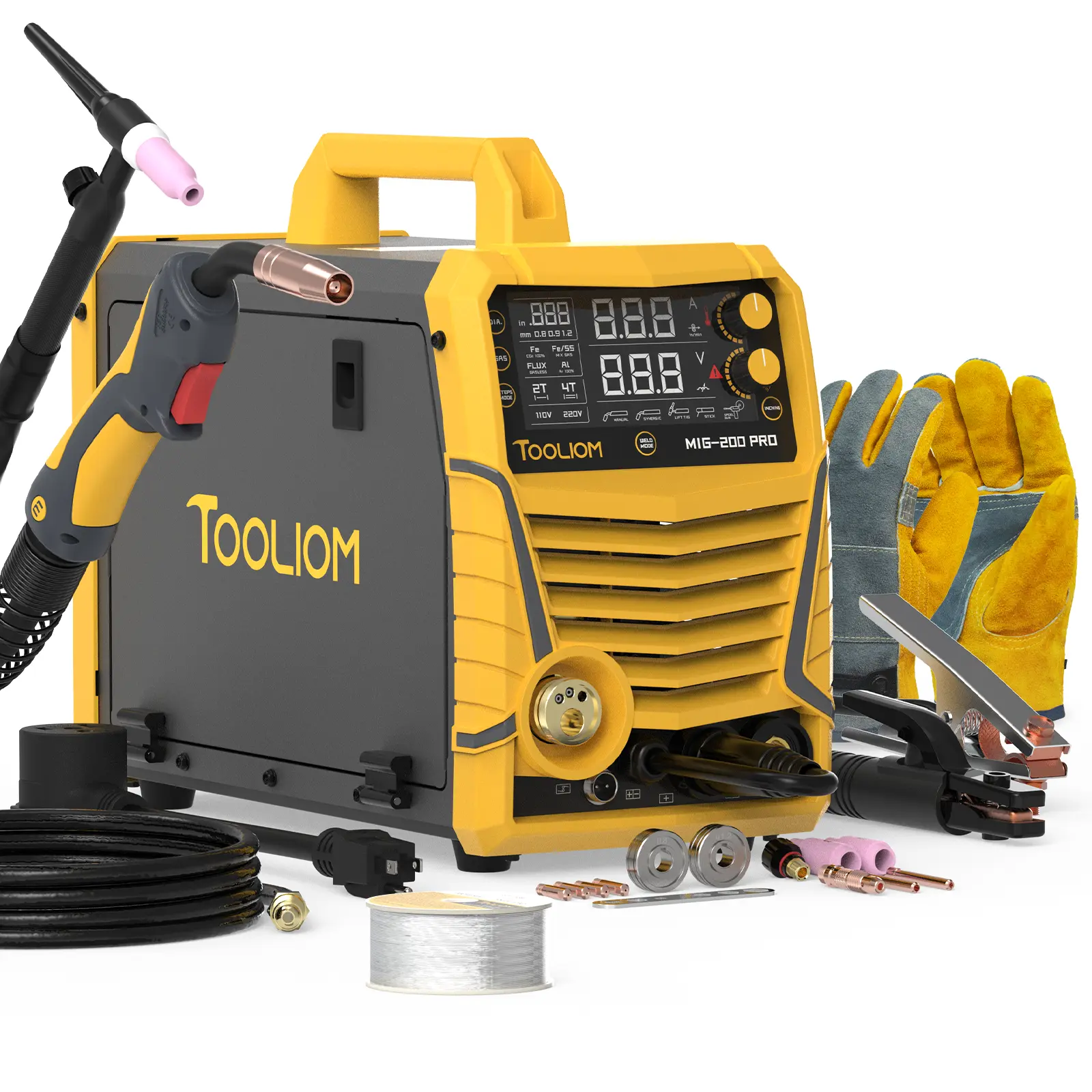 TOOLIOM MIG-200-Pro Aluminum MIG Welder with TIG Setup - 200A 5-in-1 Gas MIG/Flux Core/Spool Gun/Lift TIG/Stick Welding Machine, Includes Lift TIG Torch, Gloves & E71T-GS Wire
